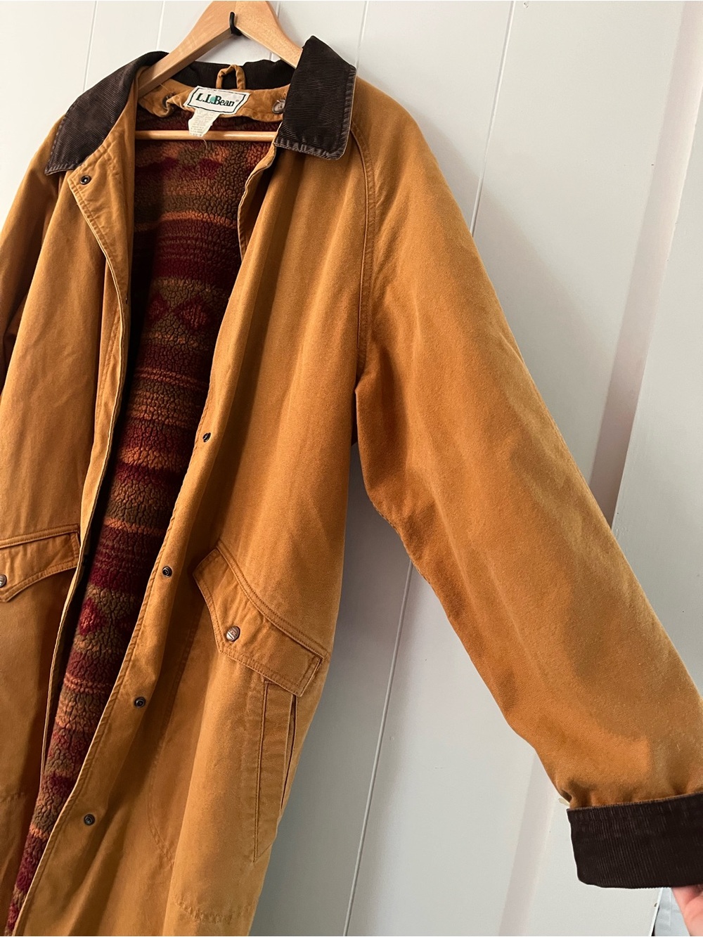 Vintage LL Bean Sherpa Lined Aztec Duster Coat Canvas Chore Rancher Tan Trench - Picture 3 of 16
